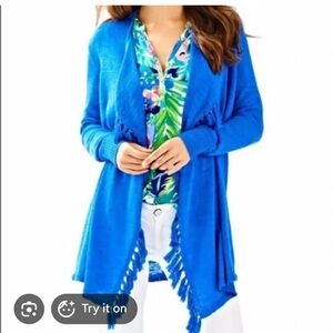 Lucita Blue Fringe Open Cardigan Sweater
